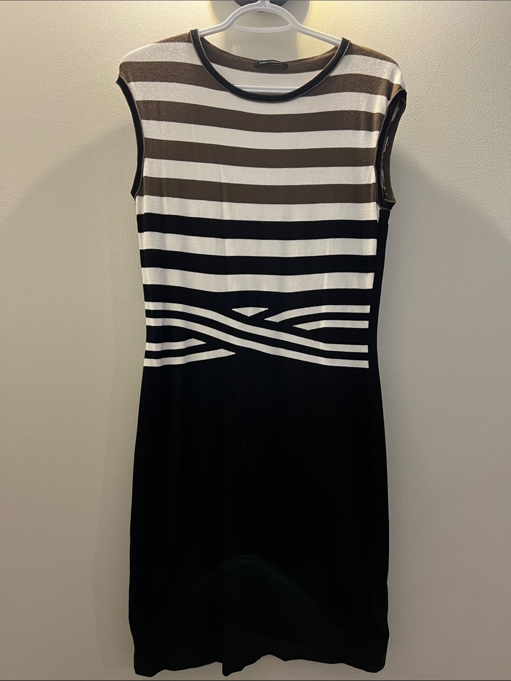 Sleeveless Luisa Cerano Striped Knit Dress in Black, White & Brown